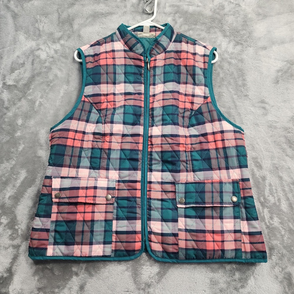 Appleseed's Vest Womens PL PETITE Pink Teal Plaid Quilted Full Zip Pockets Lined